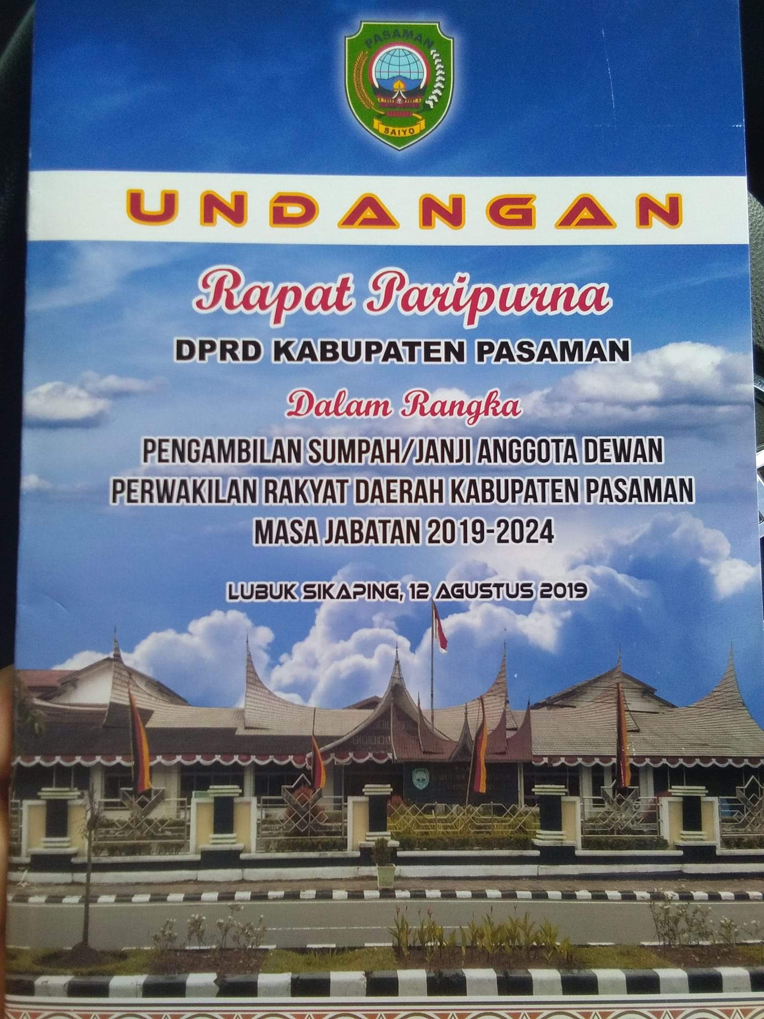 12 Agustus 2019, Anggota DPRD Pasaman Dilantik