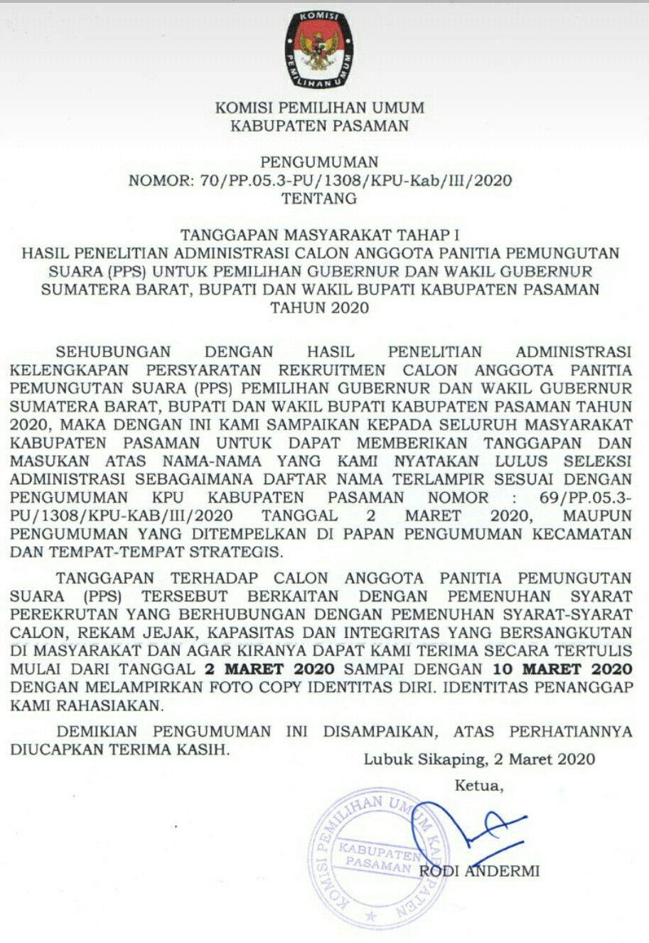 KPU Pasaman Minta Tanggapan Masyarakat akan Calon Anggota PPS