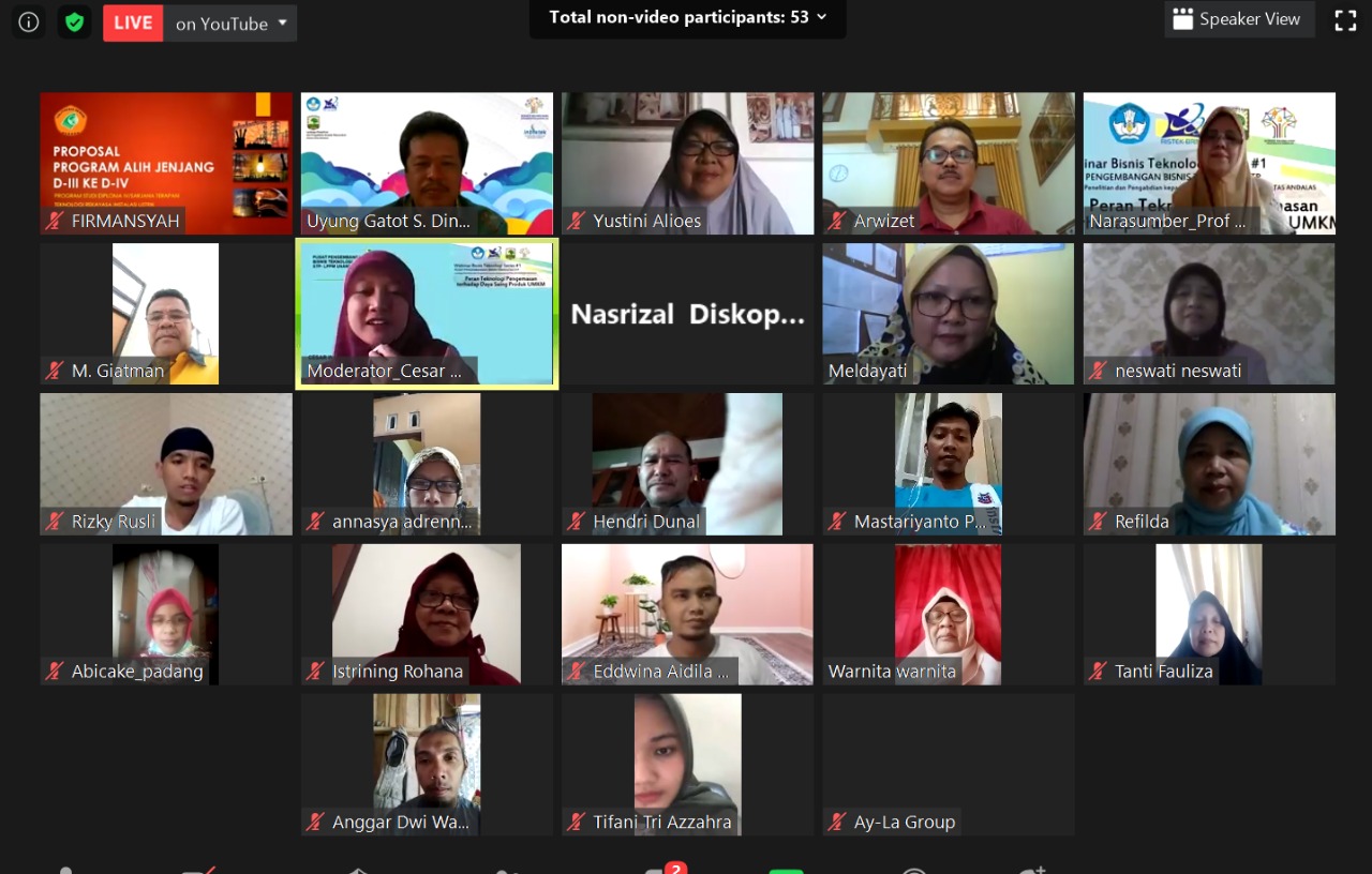 Tingkatkan Daya Saing Produk UMKM dengan Pengembangan Teknologi Pengemasan, STP LPPM Unand Gelar Webinar Bisnis Teknologi