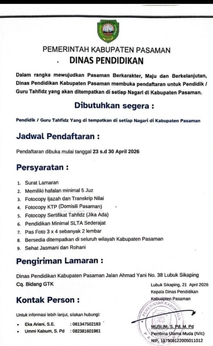 Buruan Daftar, Dinas Pendidikan Pasaman Buka Rekrutmen Guru Tahfidz, Penempatan Di Seluruh Nagari